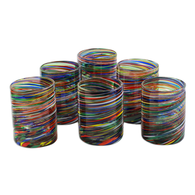 Glass rocks glasses, 'Spiral Crayons' (set of 6) - Multicoloured Swirl Rocks Glasses from Mexico (Set of 6)