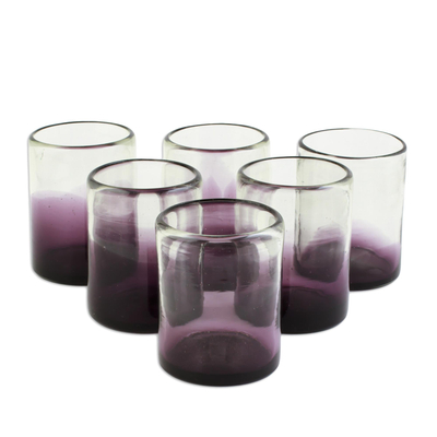 Glass rocks glasses, 'Purple Pub' (set of 6) - Hand Blown Purple-Accented Rocks Glasses (Set of 6)