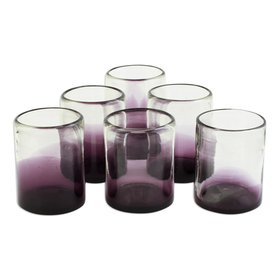 Glass rocks glasses, 'Purple Pub' (set of 6) - Hand Blown Purple-Accented Rocks Glasses (Set of 6)