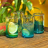 Turquoise Recycled Glass Tumblers from Mexico (Set of 6),'Tall Cooling Aquamarine'