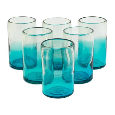 Glass tumblers, 'Tall Cooling Aquamarine' (set of 6) - Turquoise Recycled Glass Tumblers from Mexico (Set of 6)