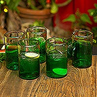 Glass tumblers, 'Emerald Luck' (set of 6) - Green-Tinged Recycled Glass Tumblers from Mexico (Set of 6)