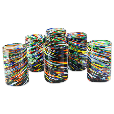 Glass tumblers, 'Swirling Rainbows' (set of 6) - Whirling Multicolored Recycled Glass Tumblers (Set of 6)