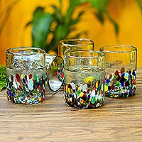 Vasos de vidrio para jugo, 'Flores de Tonalá' (set de 6) - Vasos de Jugo Multicolores Reciclados de México (Set de 6)