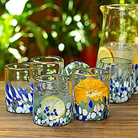 Rocks-Gläser aus Glas, „Blue Cool“ (6er-Set) - Blaugrün-weiß gefleckte Rocks-Gläser (6er-Set)