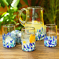 Glass tumblers, 'Blown Blue' (set of 6) - Blue and White Spotted Glass Tumblers from Mexico (Set of 6)