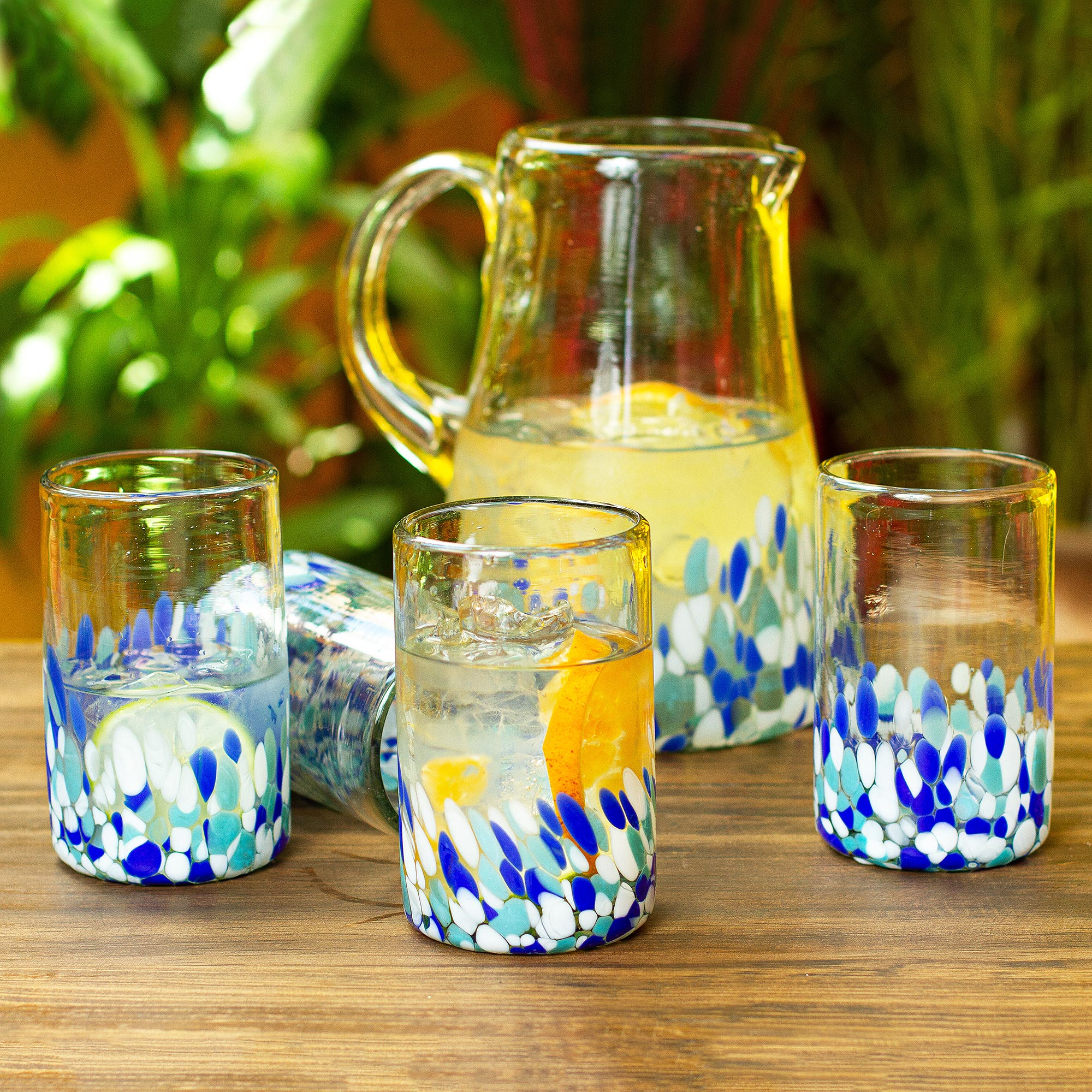 Mexican Glassware Cobalt Blue Pitcher Set of 6 Swirl Drinking Glasses Set
