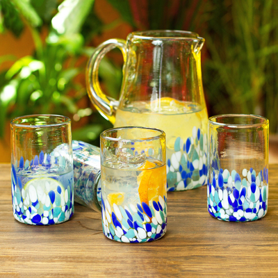 Glass tumblers, 'Blown Blue' (set of 6) - Blue and White Spotted Glass Tumblers from Mexico (Set of 6)
