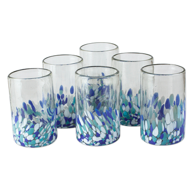 Mundgeblasene Glasbecher, (6er-Set) - Blau-weiß gepunktete Glasbecher aus Mexiko (6er-Set)