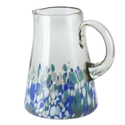 Glass pitcher, 'Blown Azure' - Hand Blown Glass Pitcher with Blue and White from Mexico