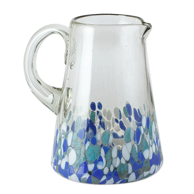 Glass pitcher, 'Blown Azure' - Hand Blown Glass Pitcher with Blue and White from Mexico