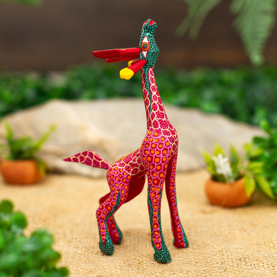 Wood alebrije sculpture, Stargazing Giraffe in Red