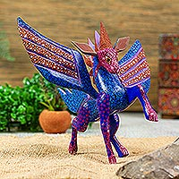 Wood alebrije sculpture, 'Wind Glider' - Blue and Red Copal Wood Pegasus Alebrije from Oaxaca