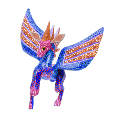 Alebrije-Skulptur aus Holz - Pegasus Alebrije aus blauem und rotem Kopalholz aus Oaxaca