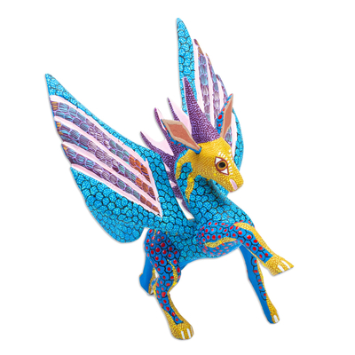 Hand Painted Wood Flying Horse Alebrije in Teal and Purple