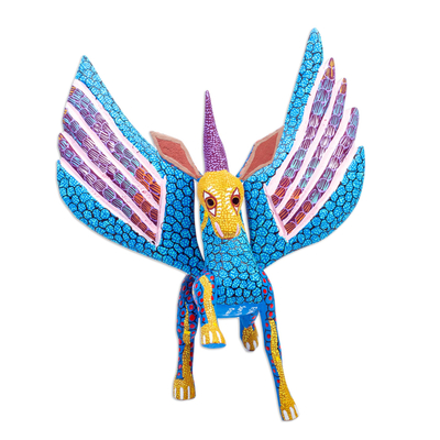 Wood alebrije sculpture, 'Zapotec Pegasus' - Hand Painted Wood Flying Horse Alebrije in Teal and Purple