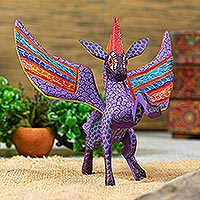 Wood alebrije sculpture, 'Zapotec Pegasus in Purple' - Wood Pegasus Inspired Alebrije in Purple and other Colors