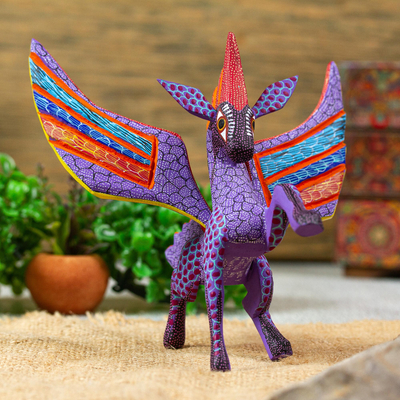 Wood alebrije sculpture, Zapotec Pegasus in Purple