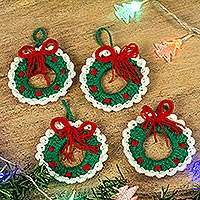 Crocheted wool ornaments, Wreaths of Christmas (set of 4)