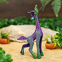 Wood alebrije sculpture, 'Stargazing Giraffe in Purple' - Wood Giraffe Alebrije in Purple and Green Looking Up