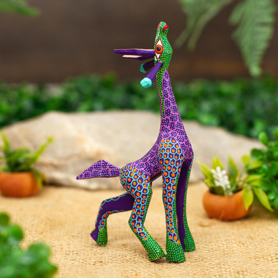 Wood alebrije sculpture, Stargazing Giraffe in Purple