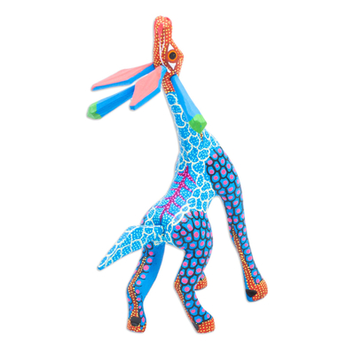 Wood alebrije sculpture, 'Stargazing Giraffe in Blue' - Wood Giraffe Alebrije Hand Painted in Blue and Ochre