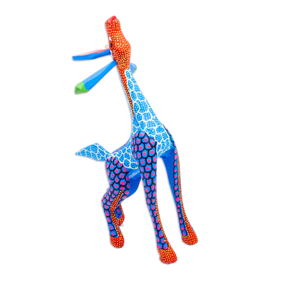 Wood alebrije sculpture, 'Stargazing Giraffe in Blue' - Wood Giraffe Alebrije Hand Painted in Blue and Ochre