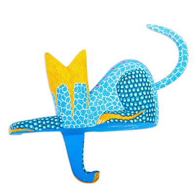 Wood alebrije sculpture, 'My Domain in Blue' - Copal Wood Cat Alebrije in Blue for Shelves from Oaxaca