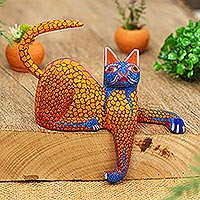Wood alebrije sculpture, 'My Domain in Gold' - Blue and Gold Copal Wood Cat Alebrije from Oaxaca