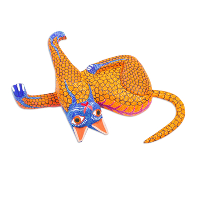 Wood alebrije sculpture, 'My Domain in Gold' - Blue and Gold Copal Wood Cat Alebrije from Oaxaca