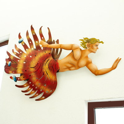 Wanddekoration aus Stahl - Stahl-Wanddekoration eines Wassermanns mit Rotfeuerfischschwanz aus Mexiko