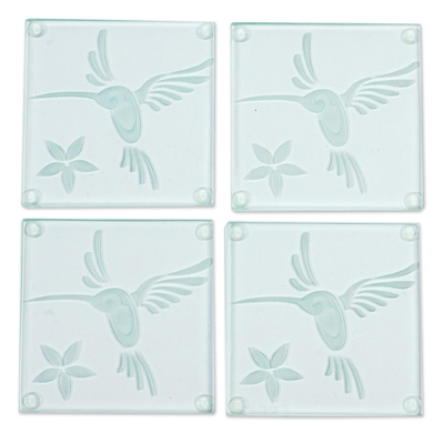 Glass Coasters with Hummingbird Motif from Mexico (Set of 4)