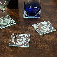 Glass coasters, 'Crystal Swirl' (set of 4) - Glass Coasters with Abstract Swirl Pattern (Set of 4)