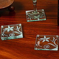 Posavasos de cristal, (juego de 4) - Posavasos de vidrio con delicado motivo floral (lote de 4)
