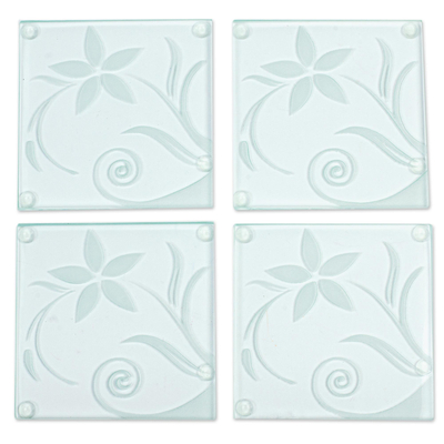 Glass Coasters with Delicate Flower Motif (Set of 4)