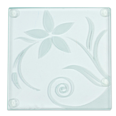 Glass coasters, 'Gentle Desert Breeze' (set of 4) - Glass Coasters with Delicate Flower Motif (Set of 4)