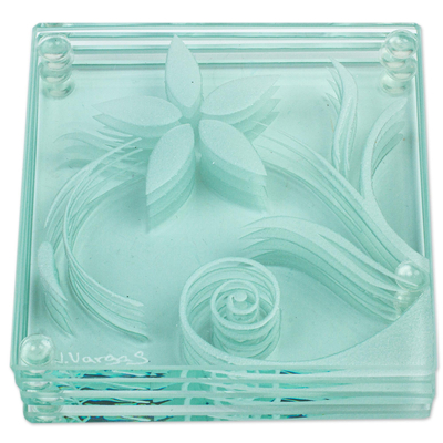 Glass coasters, 'Gentle Desert Breeze' (set of 4) - Glass Coasters with Delicate Flower Motif (Set of 4)