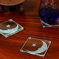 Glass coasters, 'Nightcap' (set of 4) - Glass Coasters with Moon and Star Motif (Set of 4)