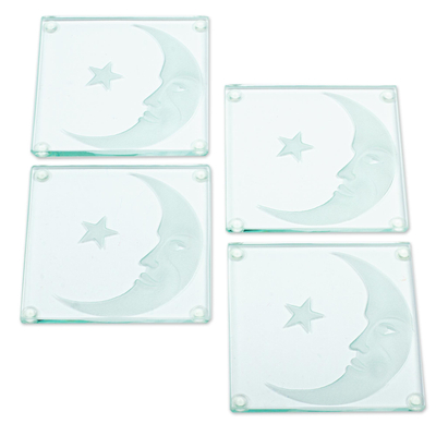 Posavasos de cristal, (juego de 4) - Posavasos de vidrio con motivo de luna y estrella (juego de 4)