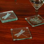 Glass coasters, 'Gliding Dragonfly' (set of 4) - Glass Coasters with Etched Dragonfly Motif (Set of 4)