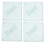 Glass coasters, 'Gliding Dragonfly' (set of 4) - Glass Coasters with Etched Dragonfly Motif (Set of 4)