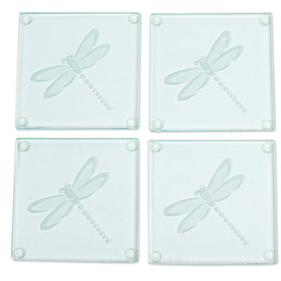 Glass Coasters with Etched Dragonfly Motif (Set of 4)