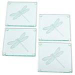 Glass coasters, 'Gliding Dragonfly' (set of 4) - Glass Coasters with Etched Dragonfly Motif (Set of 4)