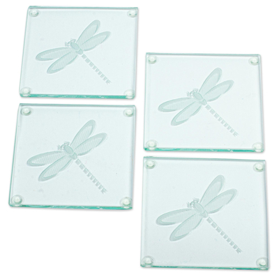 Glass coasters, 'Gliding Dragonfly' (set of 4) - Glass Coasters with Etched Dragonfly Motif (Set of 4)