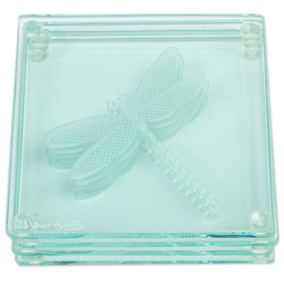 Glass coasters, 'Gliding Dragonfly' (set of 4) - Glass Coasters with Etched Dragonfly Motif (Set of 4)