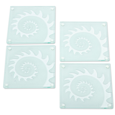 Glass coaster, 'Mollusk Swirl' (set of 4) - Glass Coasters with Etched Sawed Swirl Pattern (Set of 4)