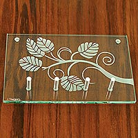 Glass key holder, 'Leaves on the Vine' - Glass Wall Mounted Key Holder with Vine Motif from Mexico