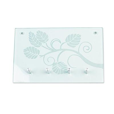 Glass key holder, 'Leaves on the Vine' - Glass Wall Mounted Key Holder with Vine Motif from Mexico