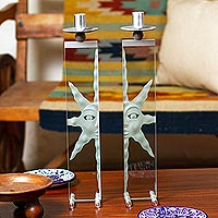 Glass candleholders, 'Mirror Suns' (pair) - Sun Theme Etched Glass & Aluminum Candleholders  (Set of 2)