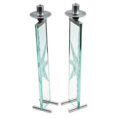 Candelabros de cristal, (par) - Portavelas de aluminio y vidrio grabado con tema solar (juego de 2)